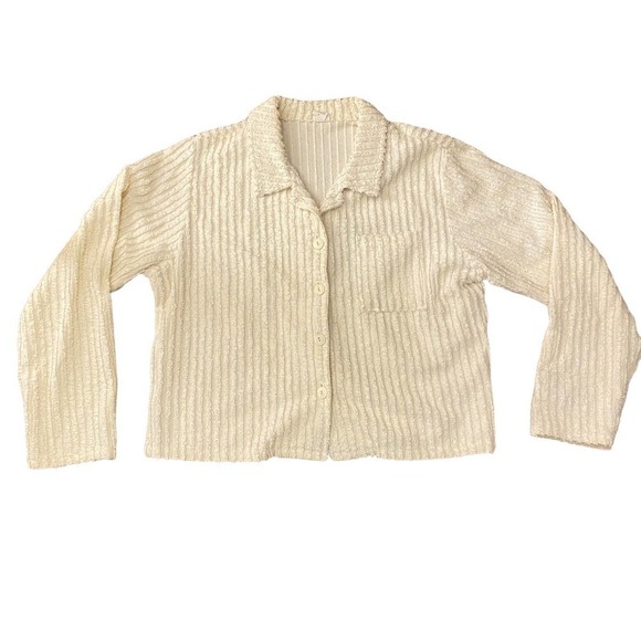 Ribbons & Spice Cream Long Sleeve Button Up Ribbed Detail Shirt Blouse Sz Large - Picture 6 of 9